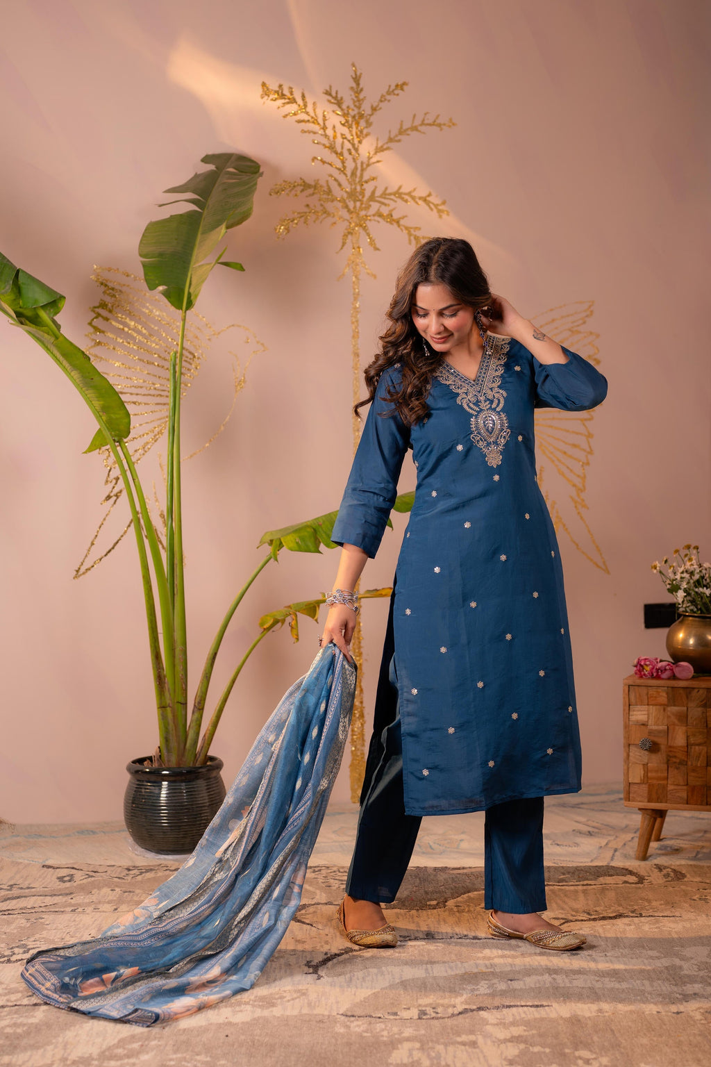 Juniper Teal Embroidered Suit Set With Printed Floral Dupatta - Distacart
