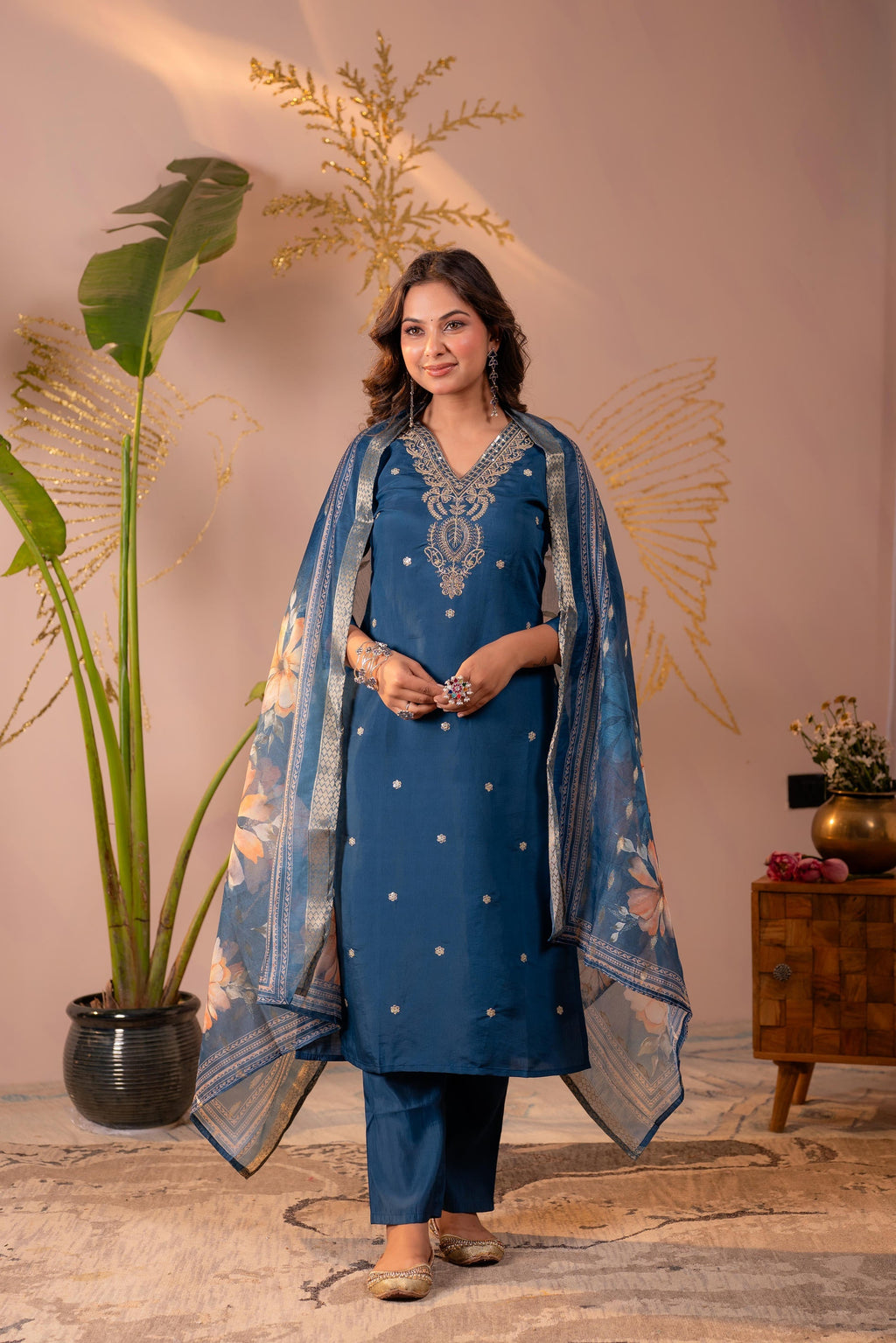 Juniper Teal Embroidered Suit Set With Printed Floral Dupatta - Distacart