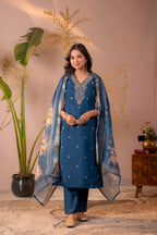 Juniper Teal Embroidered Suit Set With Printed Floral Dupatta - Distacart