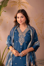 Juniper Teal Embroidered Suit Set With Printed Floral Dupatta - Distacart