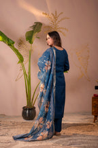 Juniper Teal Embroidered Suit Set With Printed Floral Dupatta - Distacart