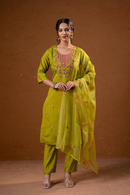 Juniper Green Embroidered Straight Kurta Set With Dupatta