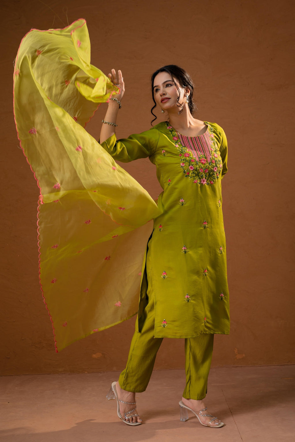 Juniper Green Embroidered Straight Kurta Set With Dupatta - Distacart