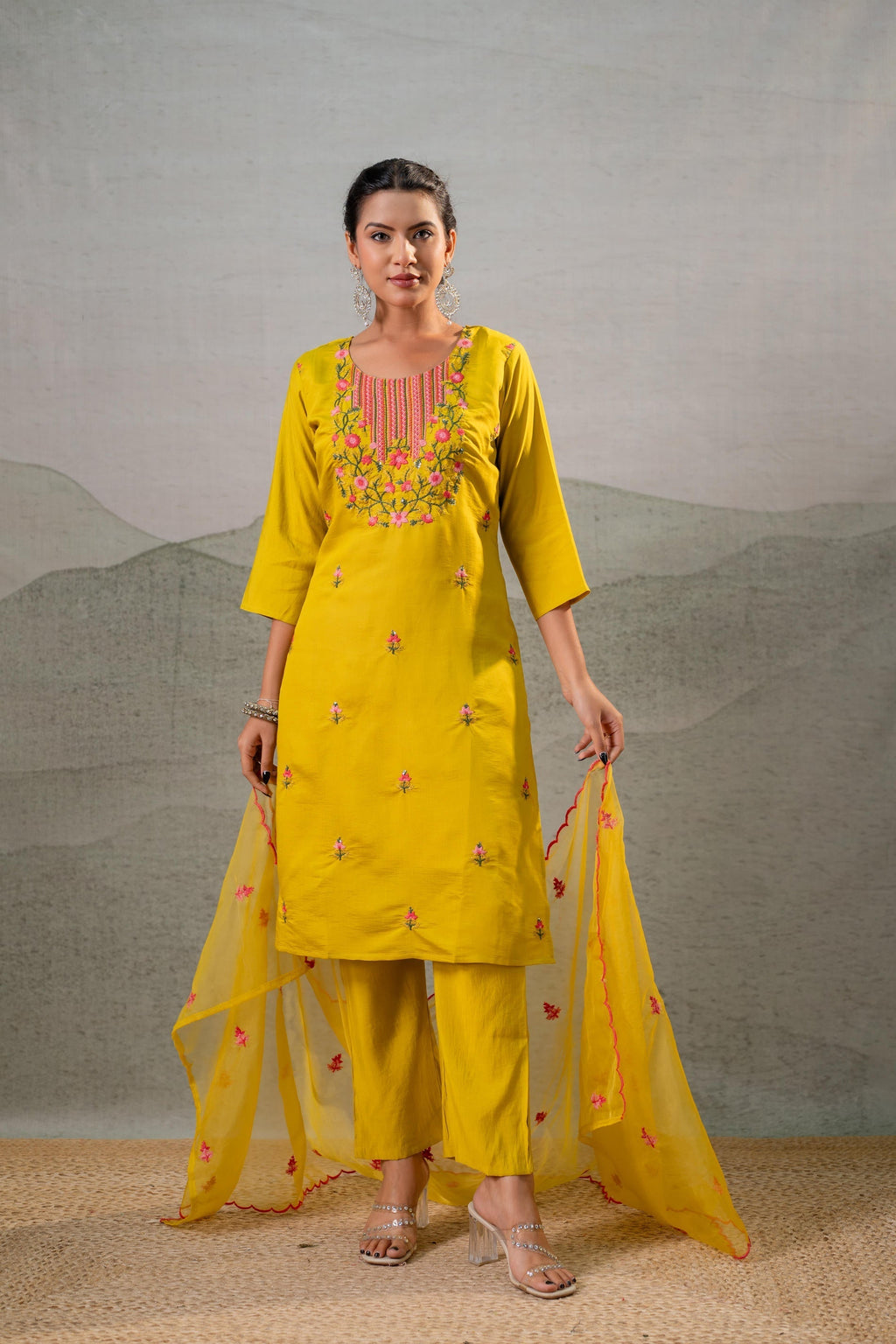 Juniper Mustard Embroidered Straight Kurta Set With Dupatta - Distacart