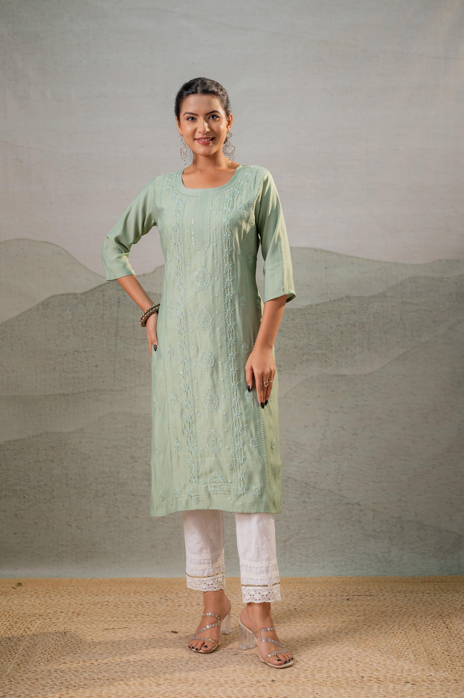 Juniper Pista Green Embroidered Kurta - Distacart
