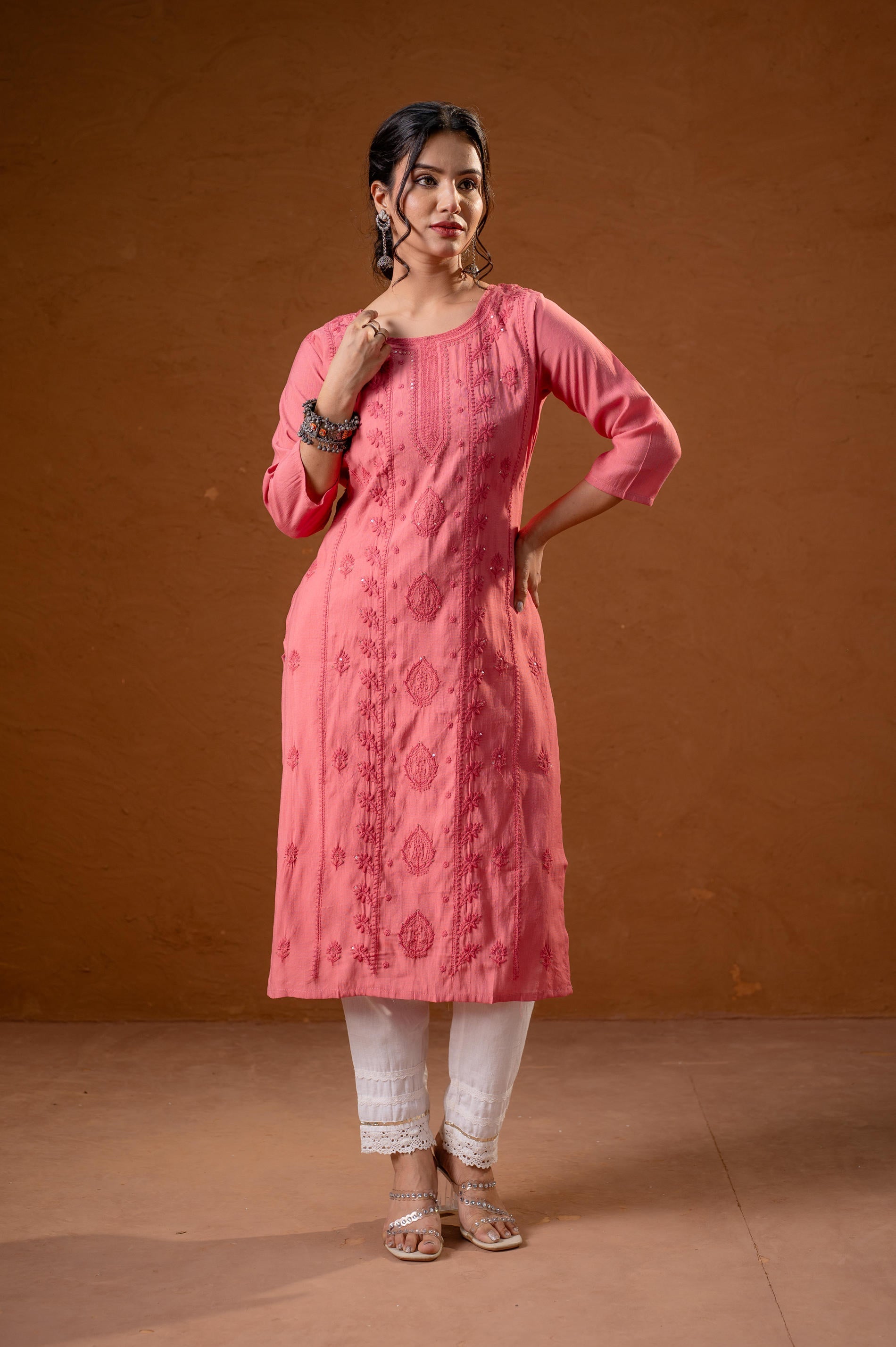 Juniper Rose Gold Embroidered Kurta - Distacart