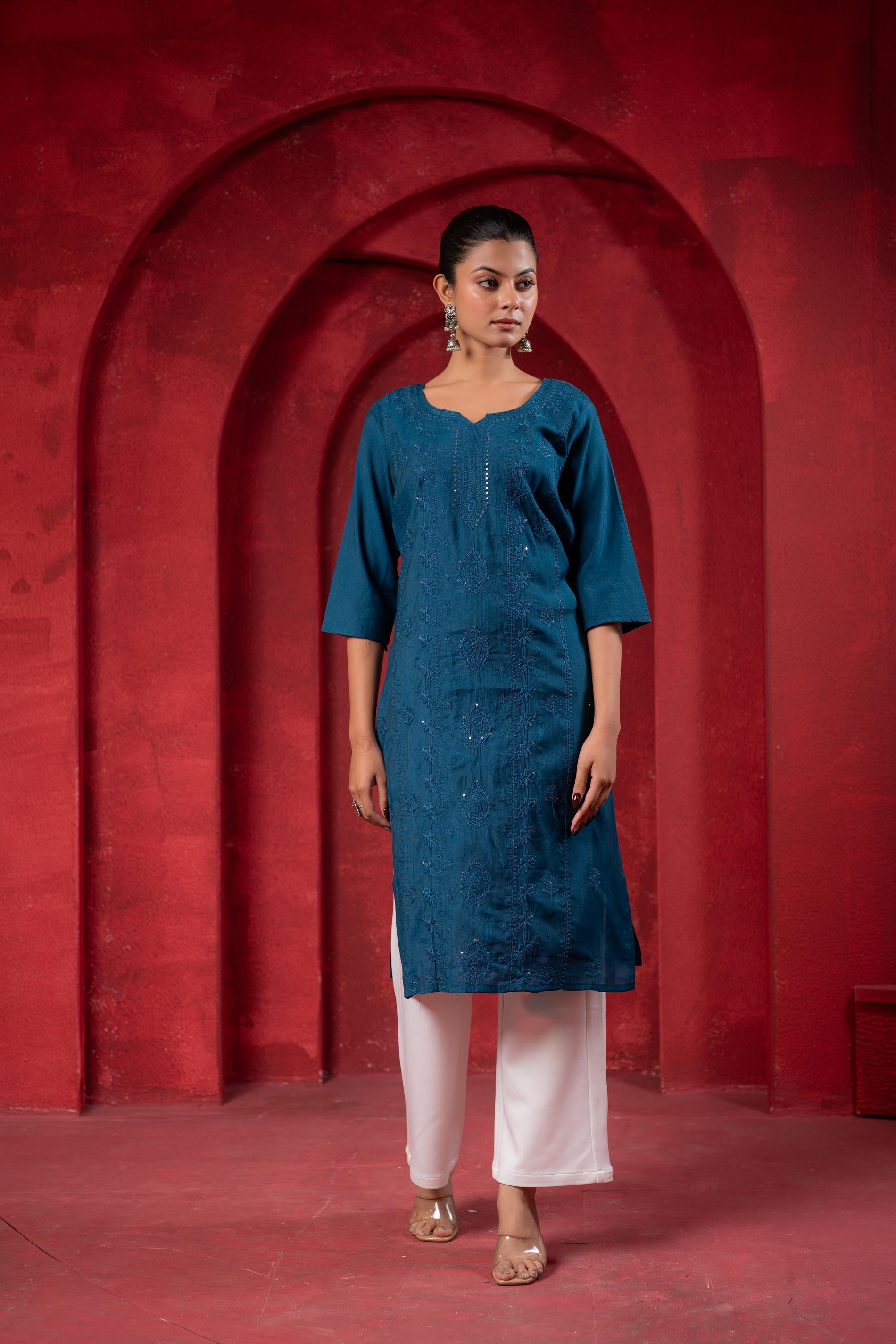 Juniper Teal Embroidered Kurta - Distacart