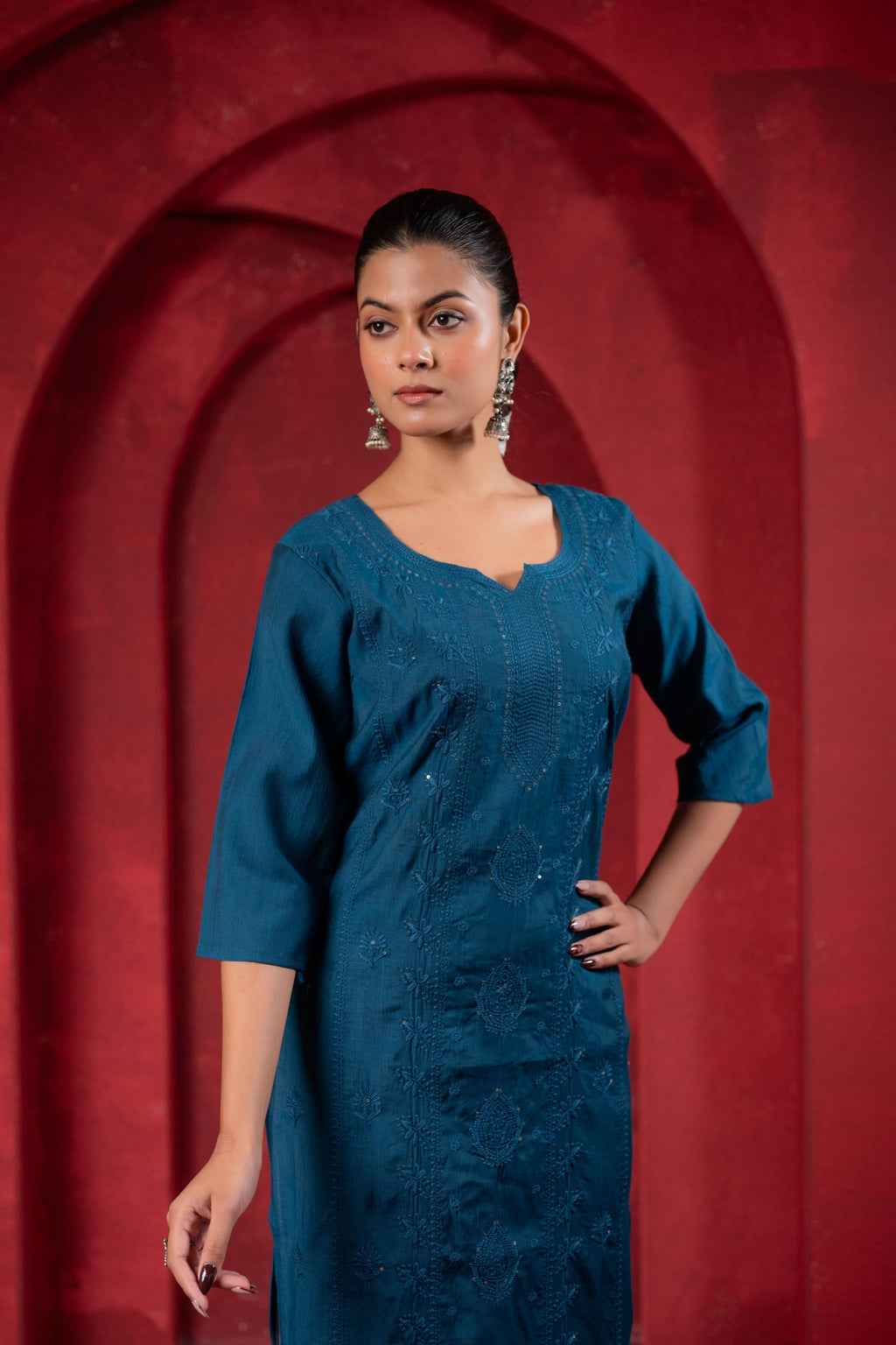 Juniper Teal Embroidered Kurta - Distacart