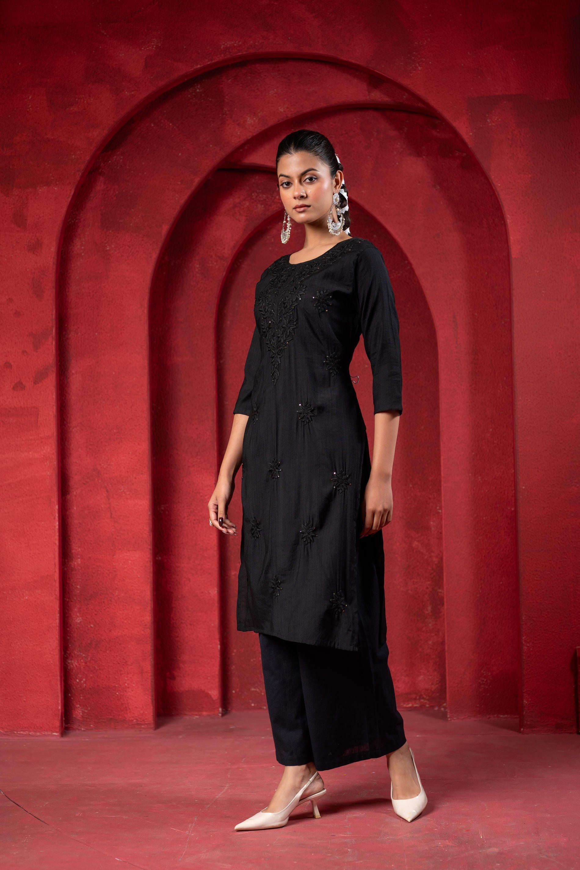 Juniper Black Tonal Sequin Embellished Straight Kurta Set - Distacart