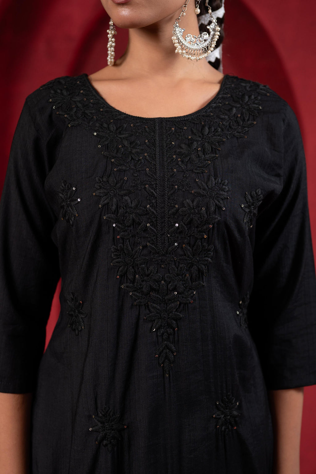 Juniper Black Tonal Sequin Embellished Straight Kurta Set - Distacart