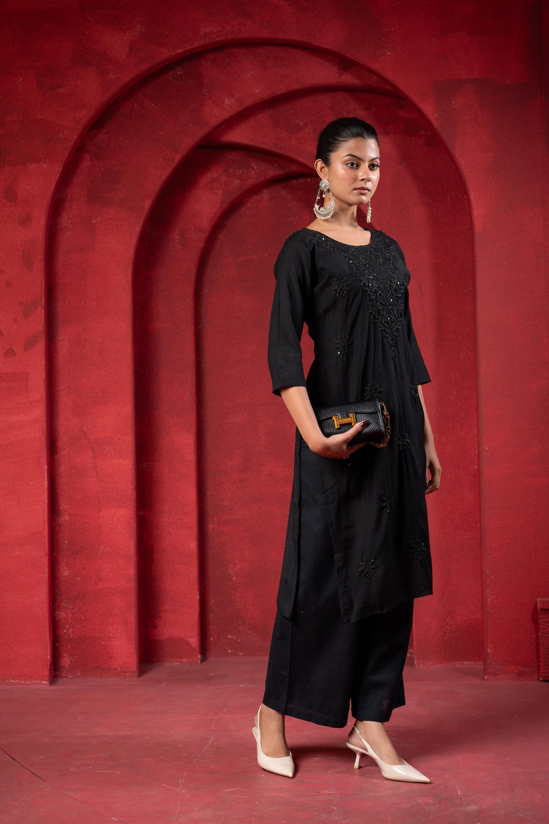Juniper Black Tonal Sequin Embellished Straight Kurta Set - Distacart