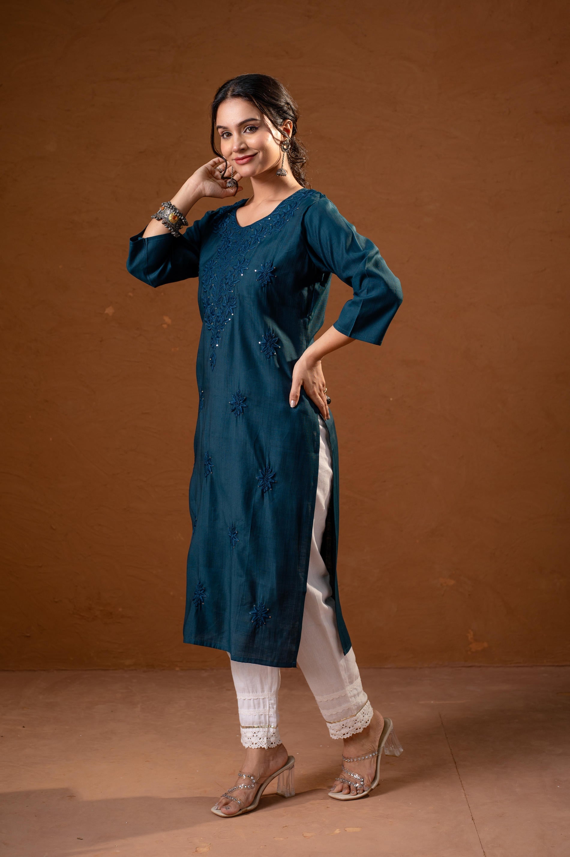 Juniper Teal Tonal Sequin Embellished Straight Kurta Set - Distacart