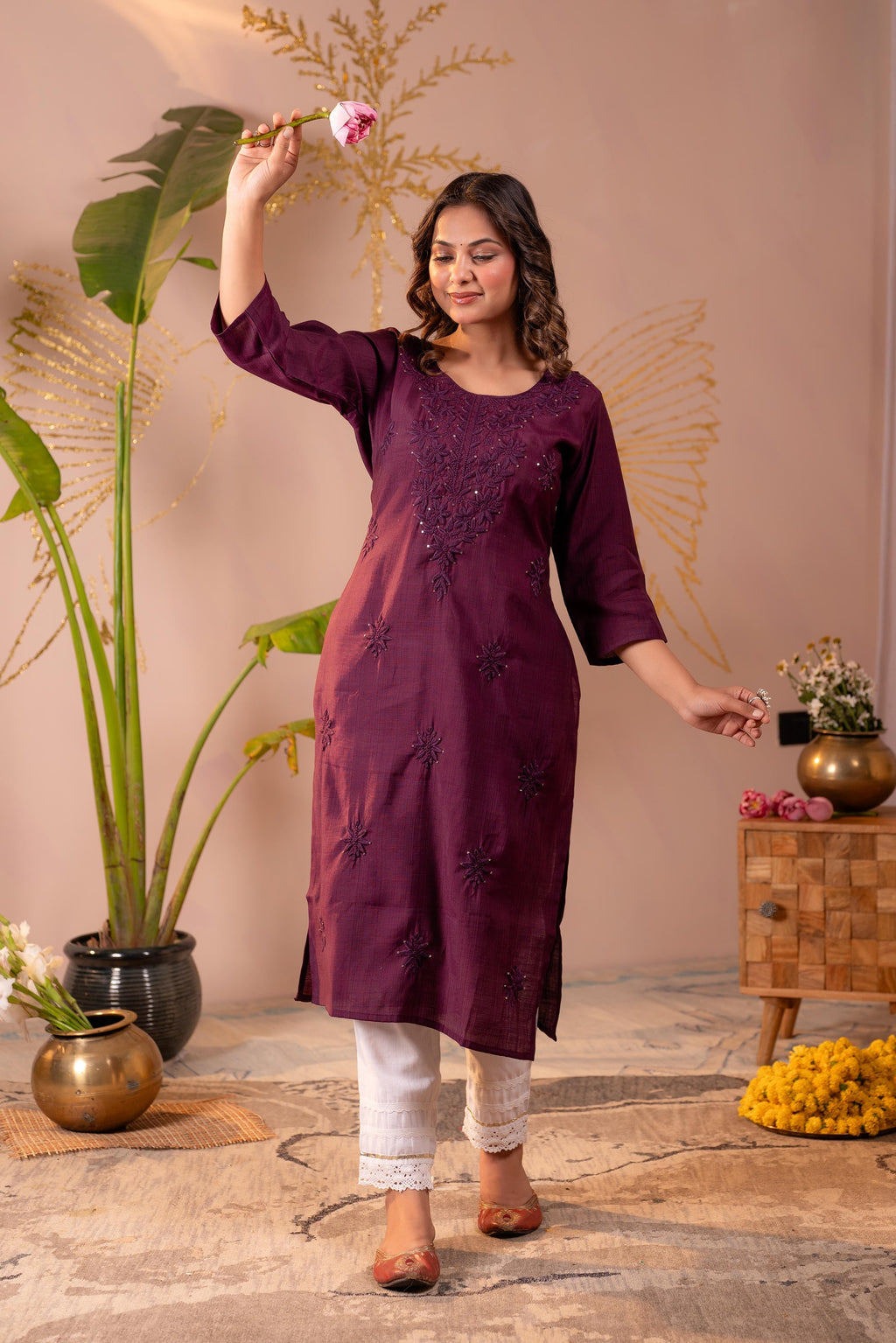 Juniper Wine Tonal Sequin Embellished Straight Kurta Set - Distacart