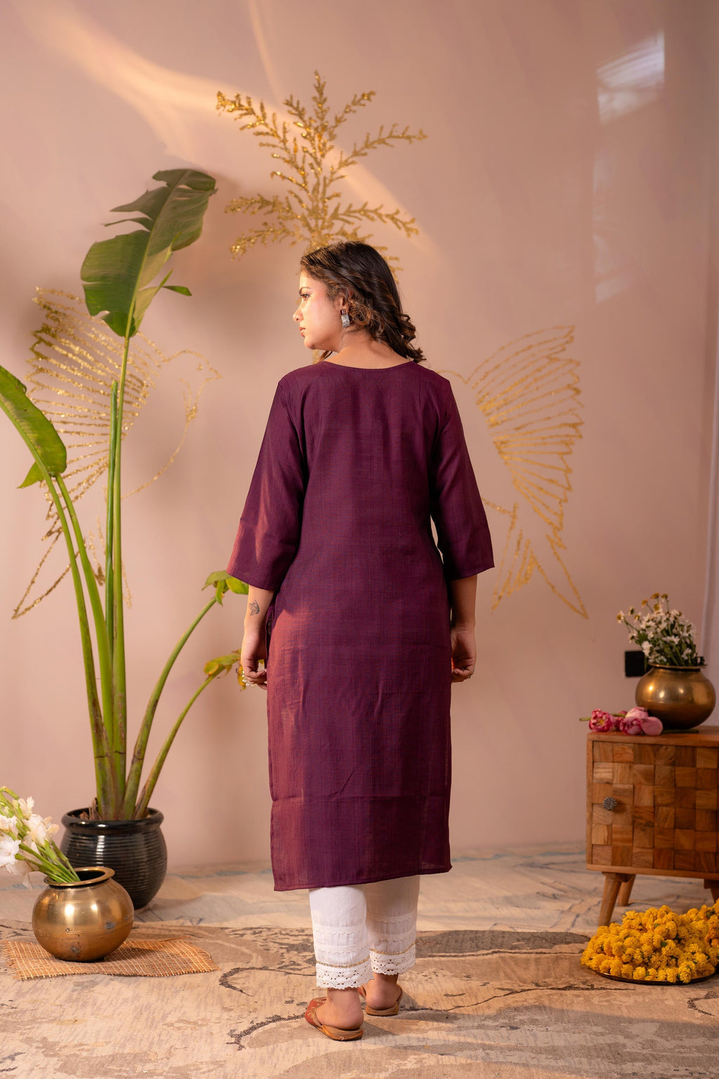Juniper Wine Tonal Sequin Embellished Straight Kurta Set - Distacart