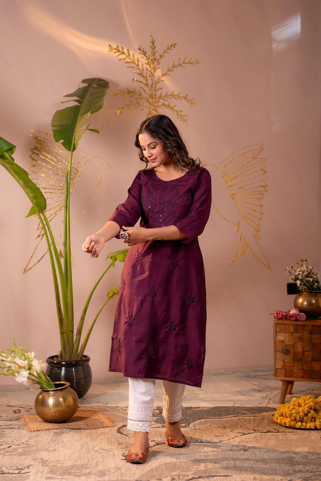 Juniper Wine Tonal Sequin Embellished Straight Kurta Set - Distacart