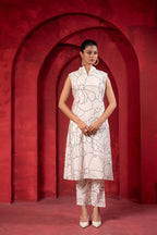 Juniper White & Black Floral Printed Sleeveless Straight Kurta Set - Distacart