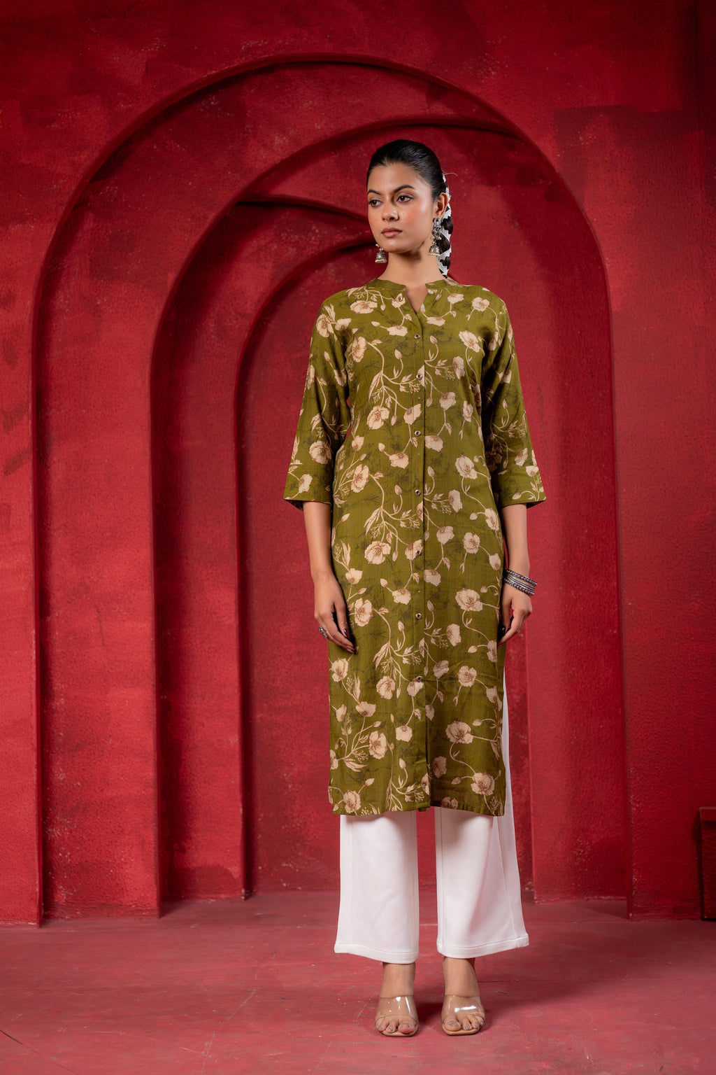 Juniper Olive Green Floral Handblock-Style Straight Kurta - Distacart