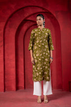 Juniper Olive Green Floral Handblock-Style Straight Kurta - Distacart