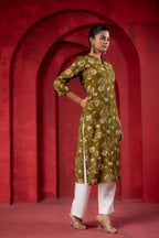 Juniper Olive Green Floral Handblock-Style Straight Kurta - Distacart