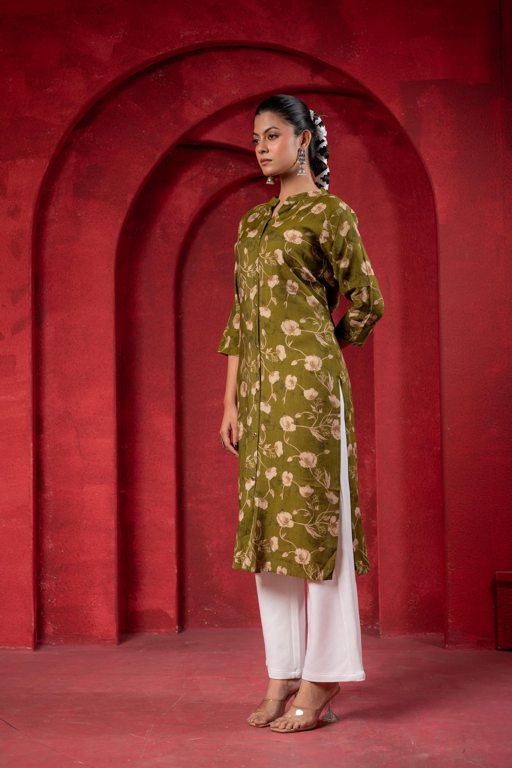 Juniper Olive Green Floral Handblock-Style Straight Kurta - Distacart