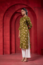 Juniper Olive Green Floral Handblock-Style Straight Kurta - Distacart