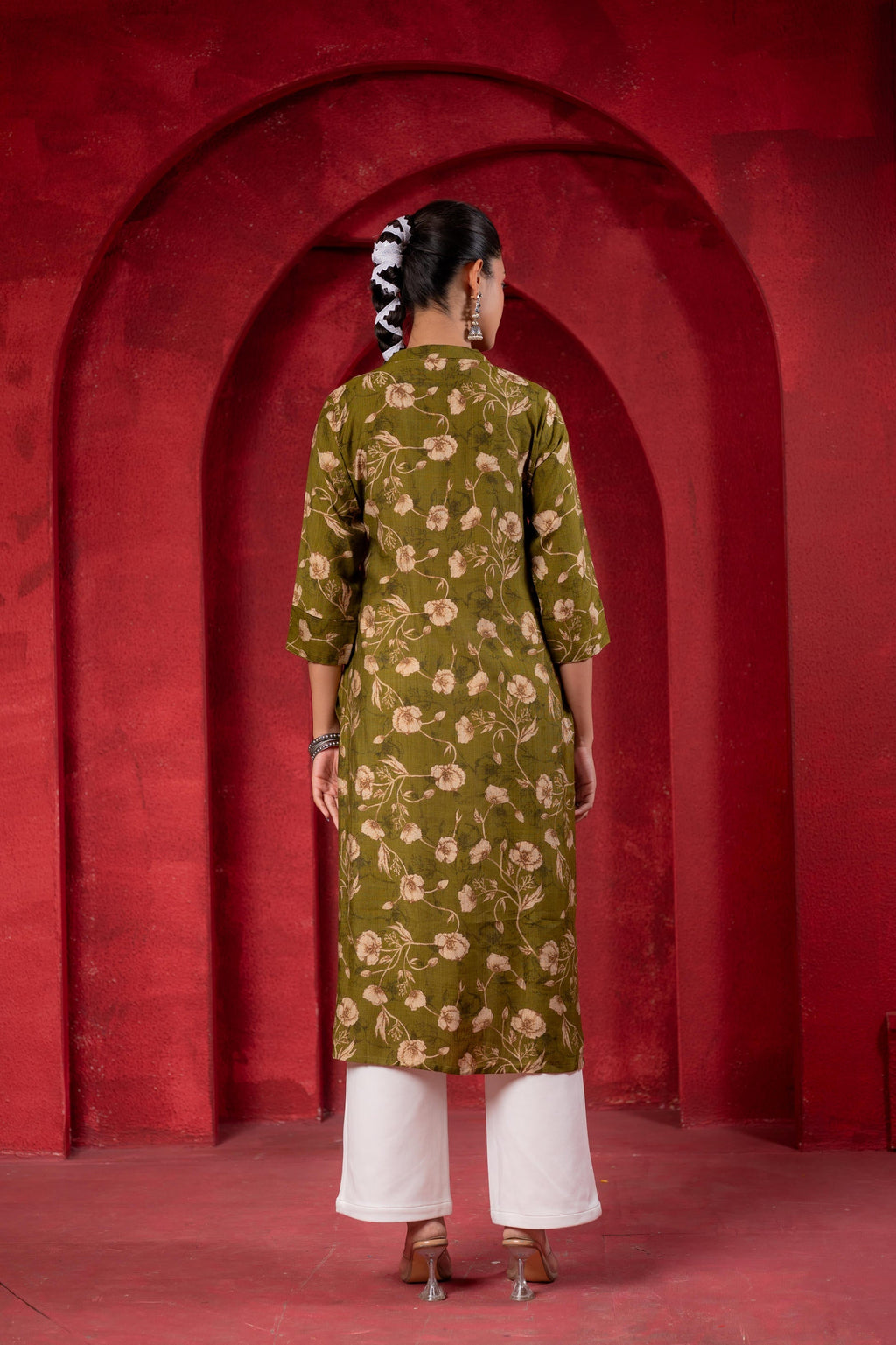 Juniper Olive Green Floral Handblock-Style Straight Kurta - Distacart