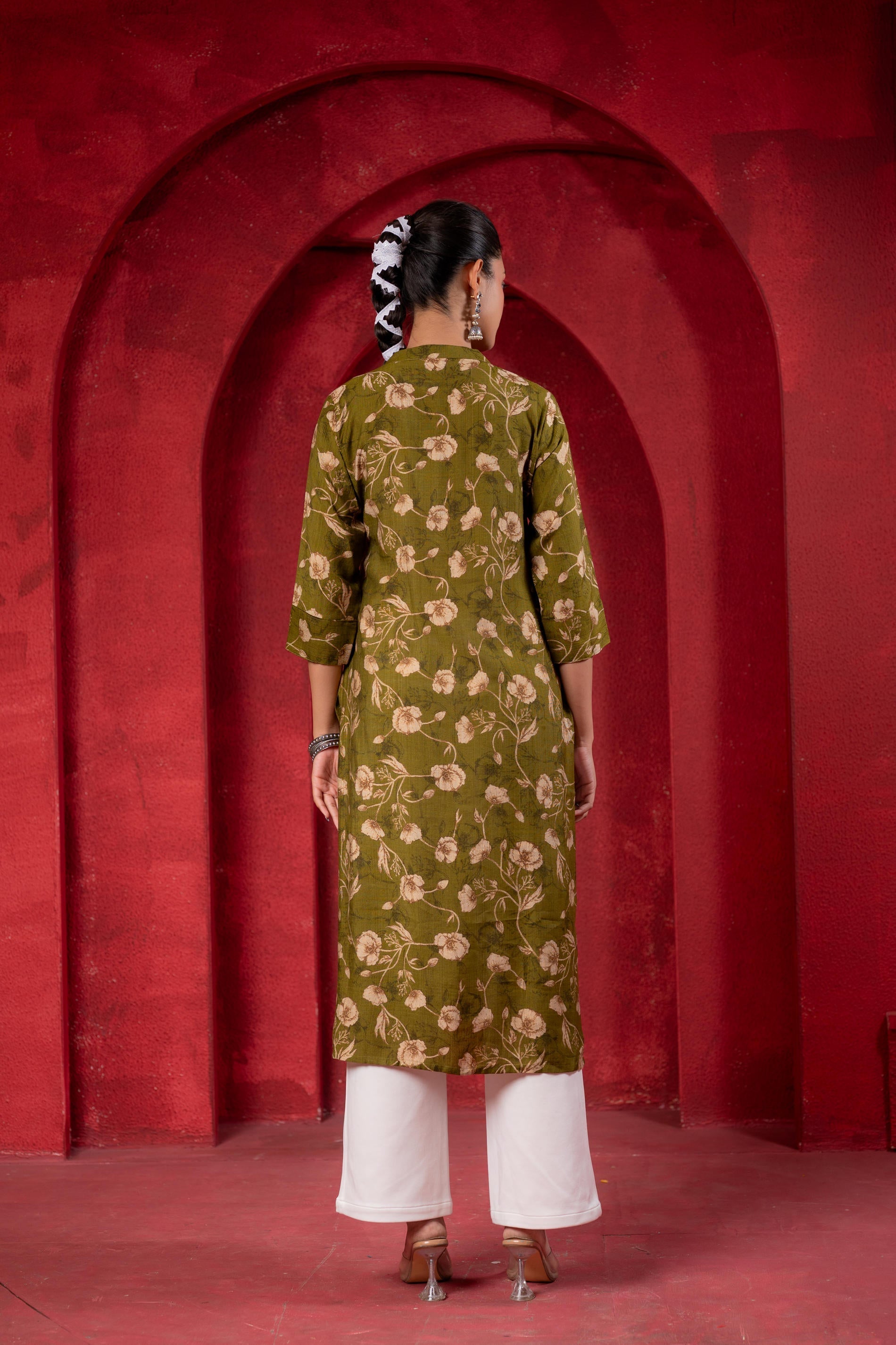 Juniper Olive Green Floral Handblock-Style Straight Kurta - Distacart