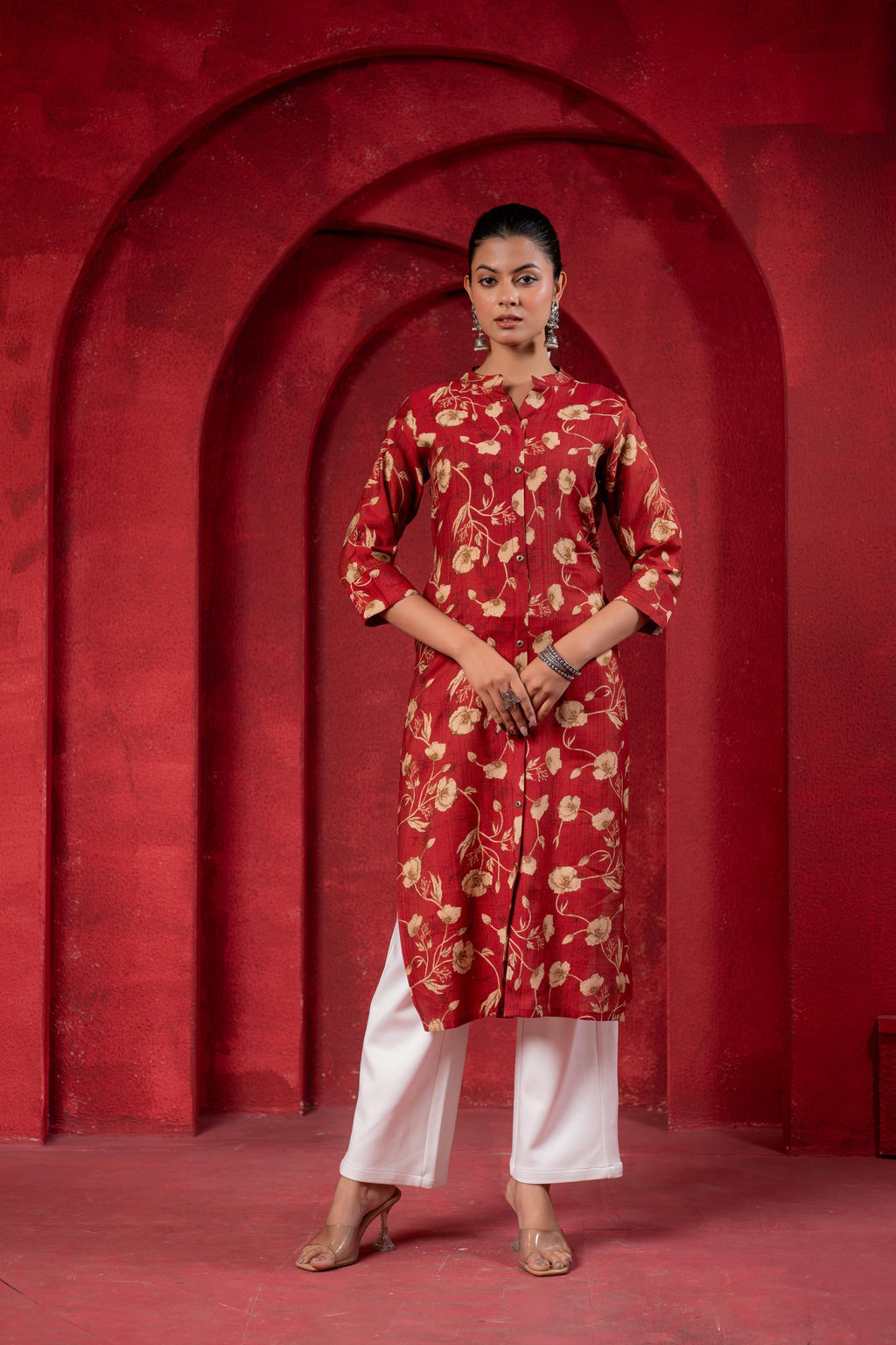 Juniper Maroon Floral Handblock-Style Straight Kurta - Distacart