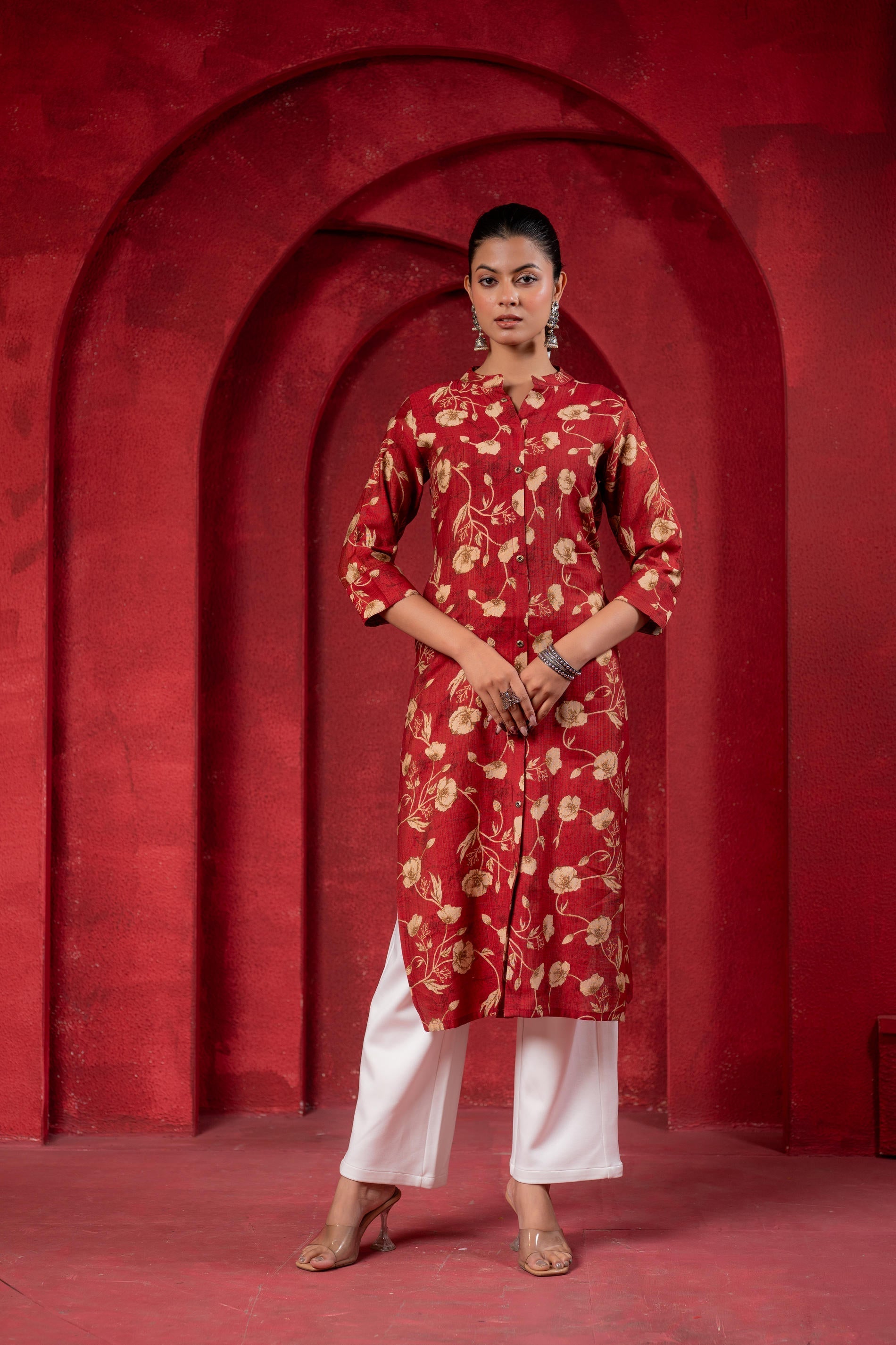 Juniper Maroon Floral Handblock-Style Straight Kurta - Distacart
