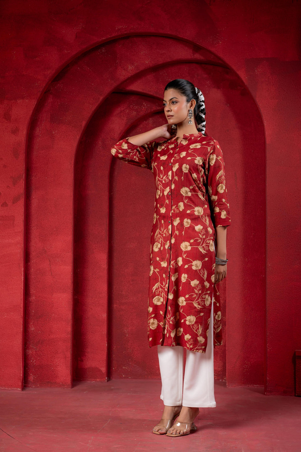 Juniper Maroon Floral Handblock-Style Straight Kurta - Distacart