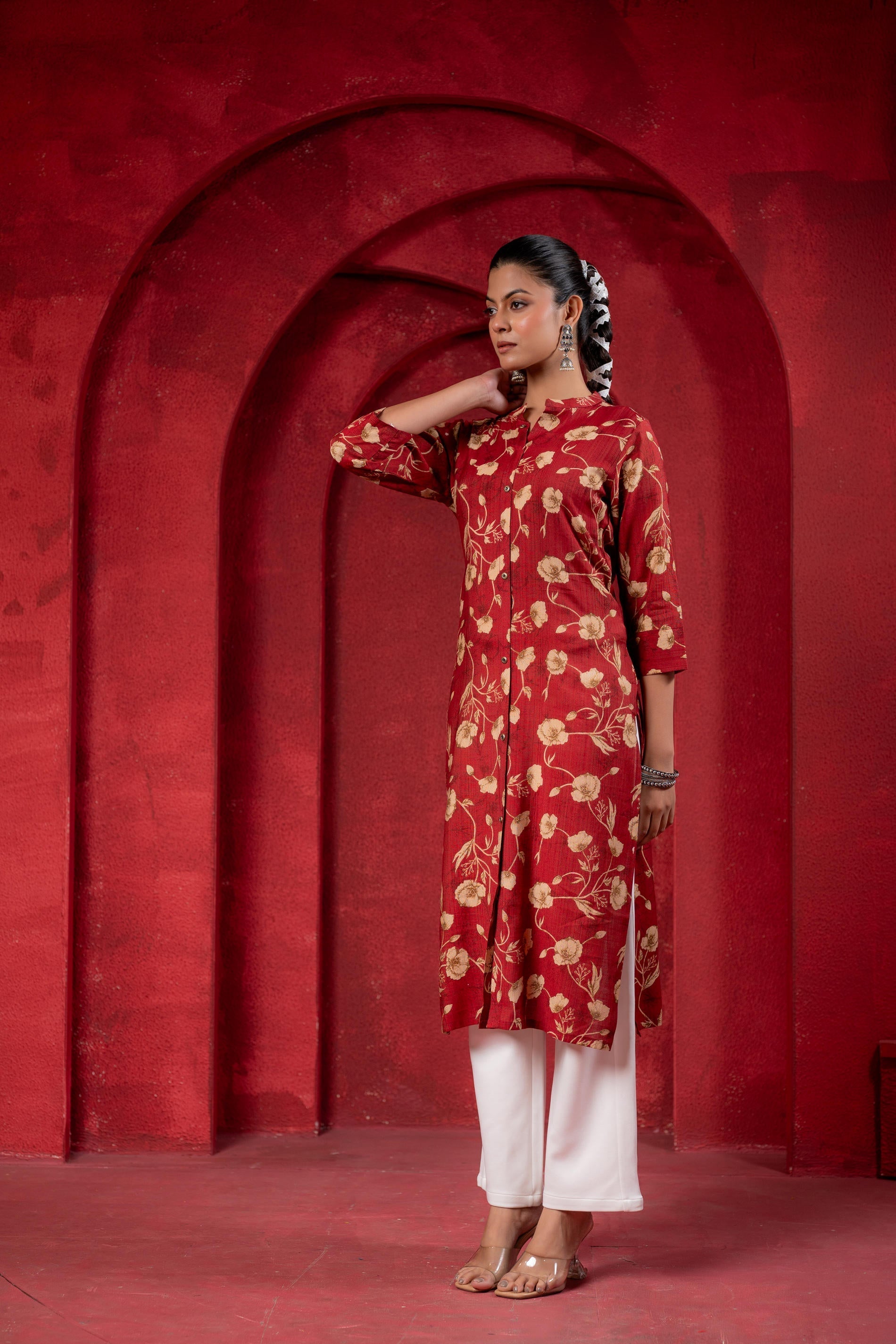 Juniper Maroon Floral Handblock-Style Straight Kurta - Distacart