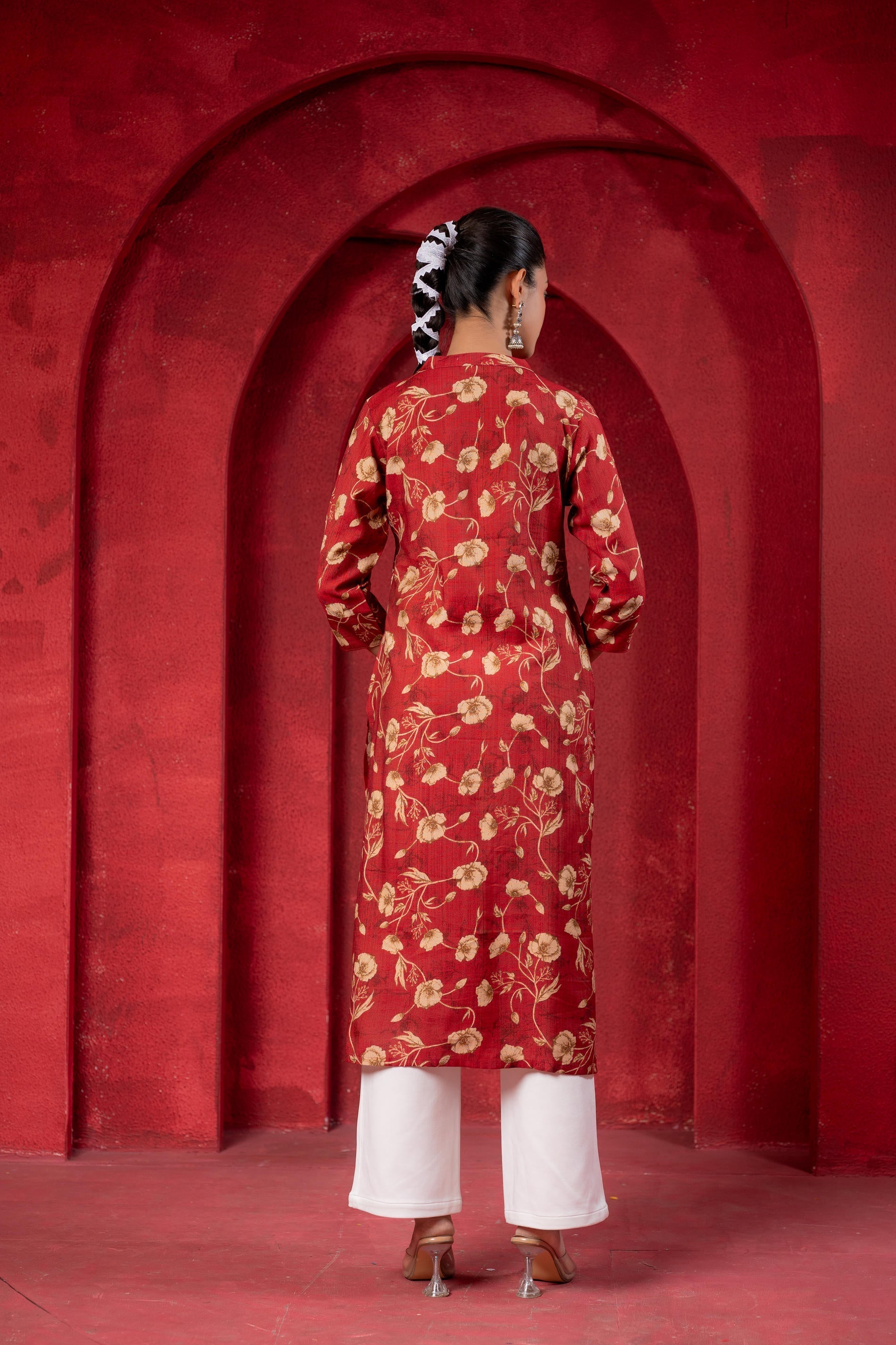 Juniper Maroon Floral Handblock-Style Straight Kurta - Distacart