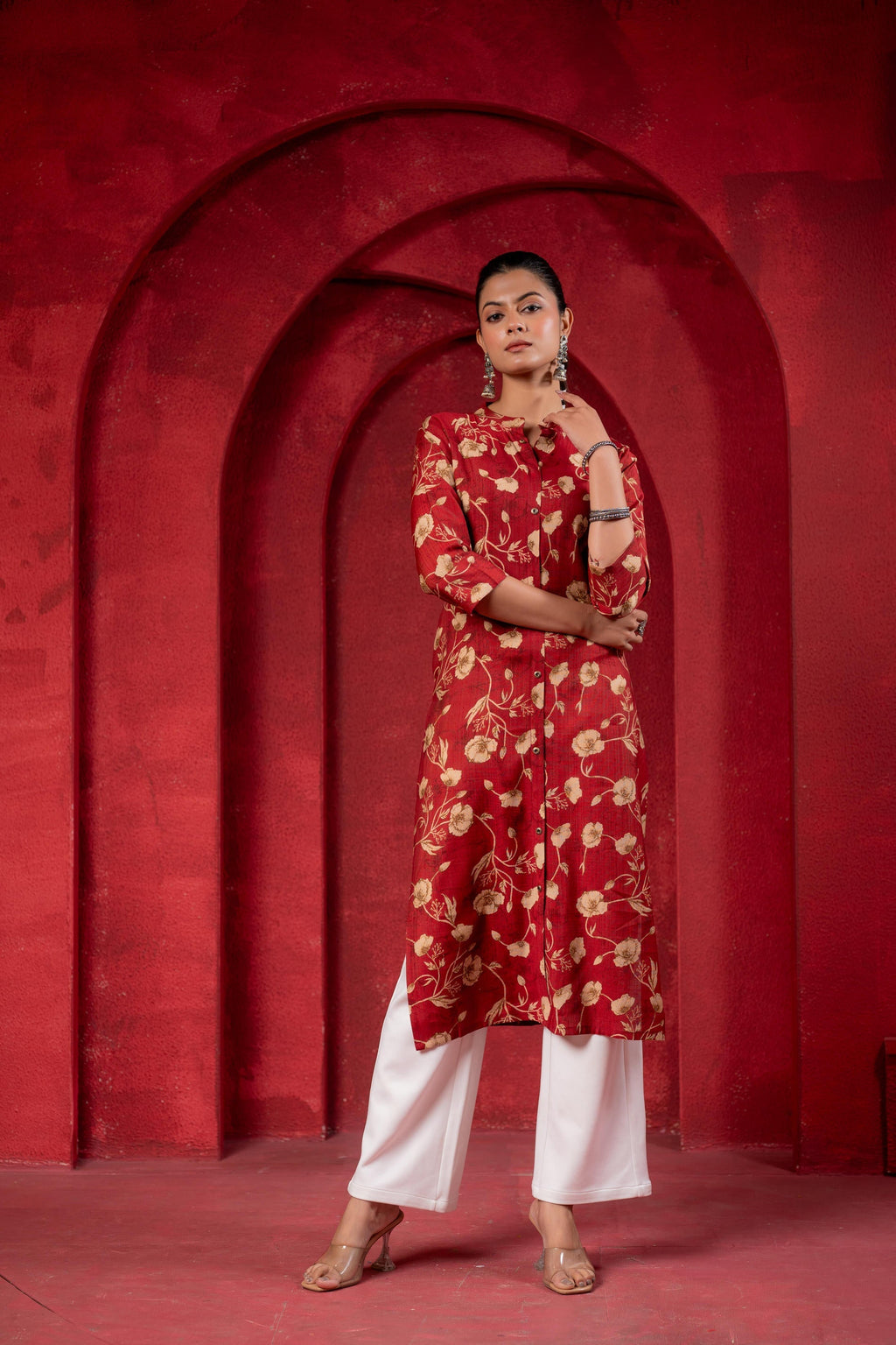 Juniper Maroon Floral Handblock-Style Straight Kurta - Distacart