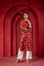 Juniper Maroon Floral Handblock-Style Straight Kurta - Distacart