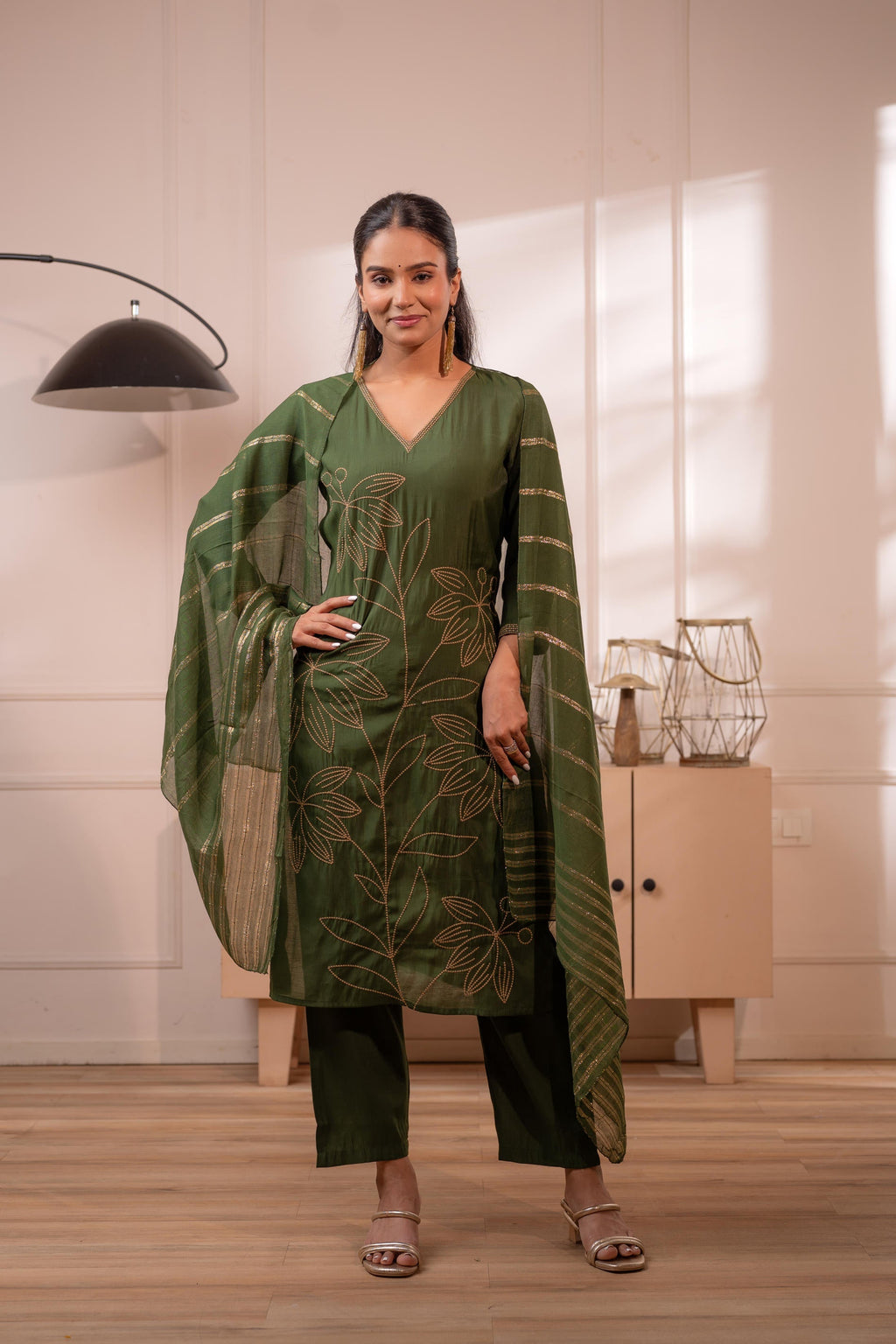 Juniper Green Solid Embroidered Straight Kurta Pant And Dupatta Set With Thread Work - Distacart