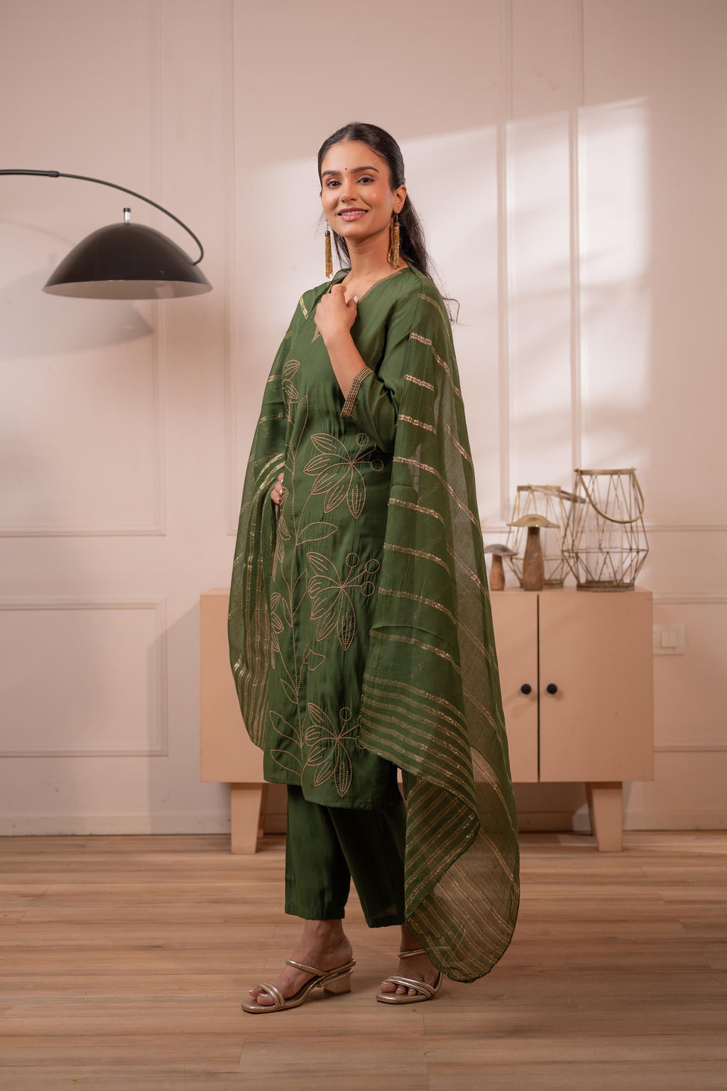 Juniper Green Solid Embroidered Straight Kurta Pant And Dupatta Set With Thread Work - Distacart