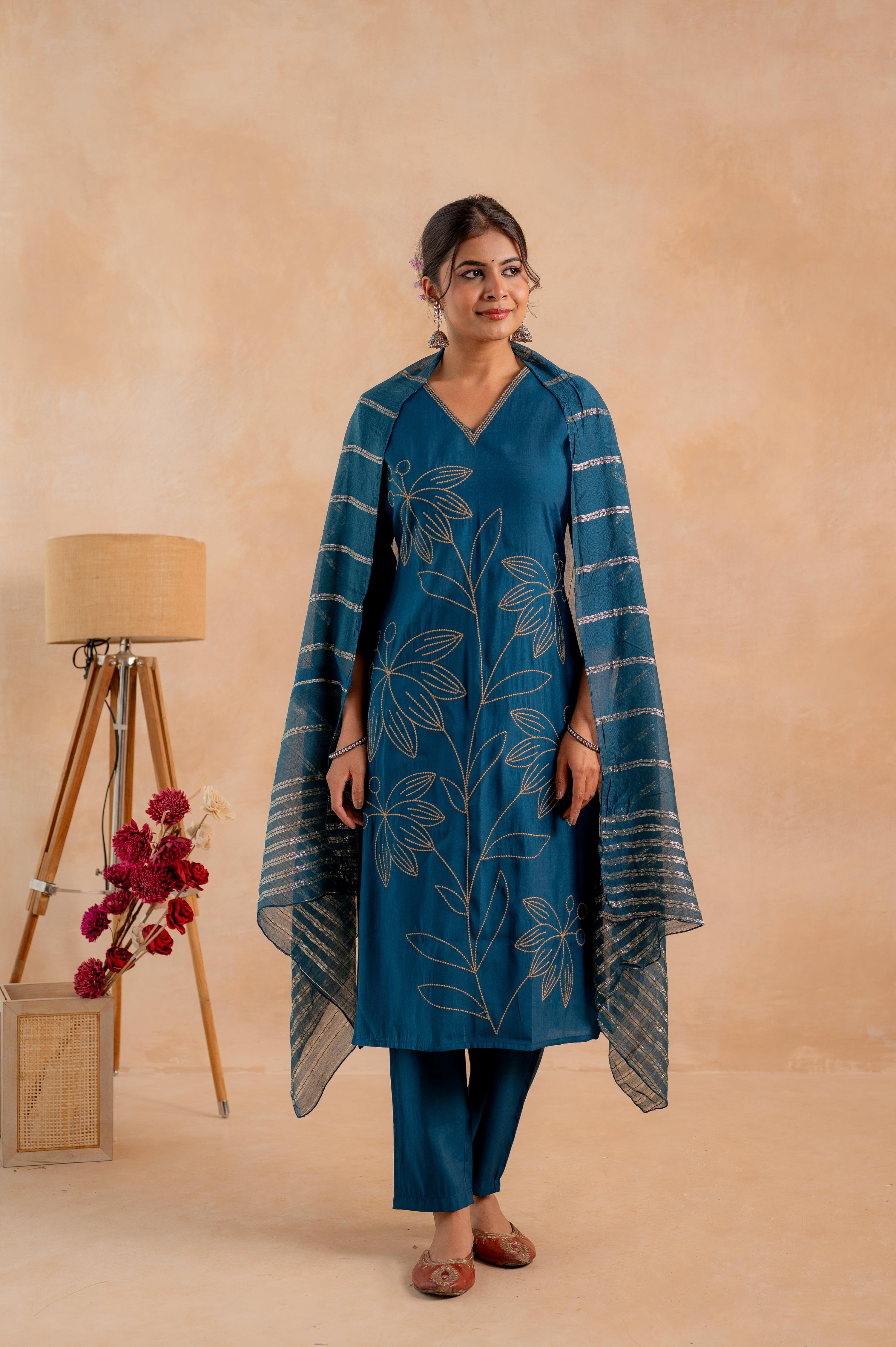 Juniper Indigo Solid Embroidered Straight Kurta Pant And Dupatta Set With Thread Work - Distacart