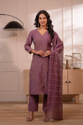 Juniper Plum Solid Embroidered Straight Kurta Pant And Dupatta Set With Thread Work - Distacart