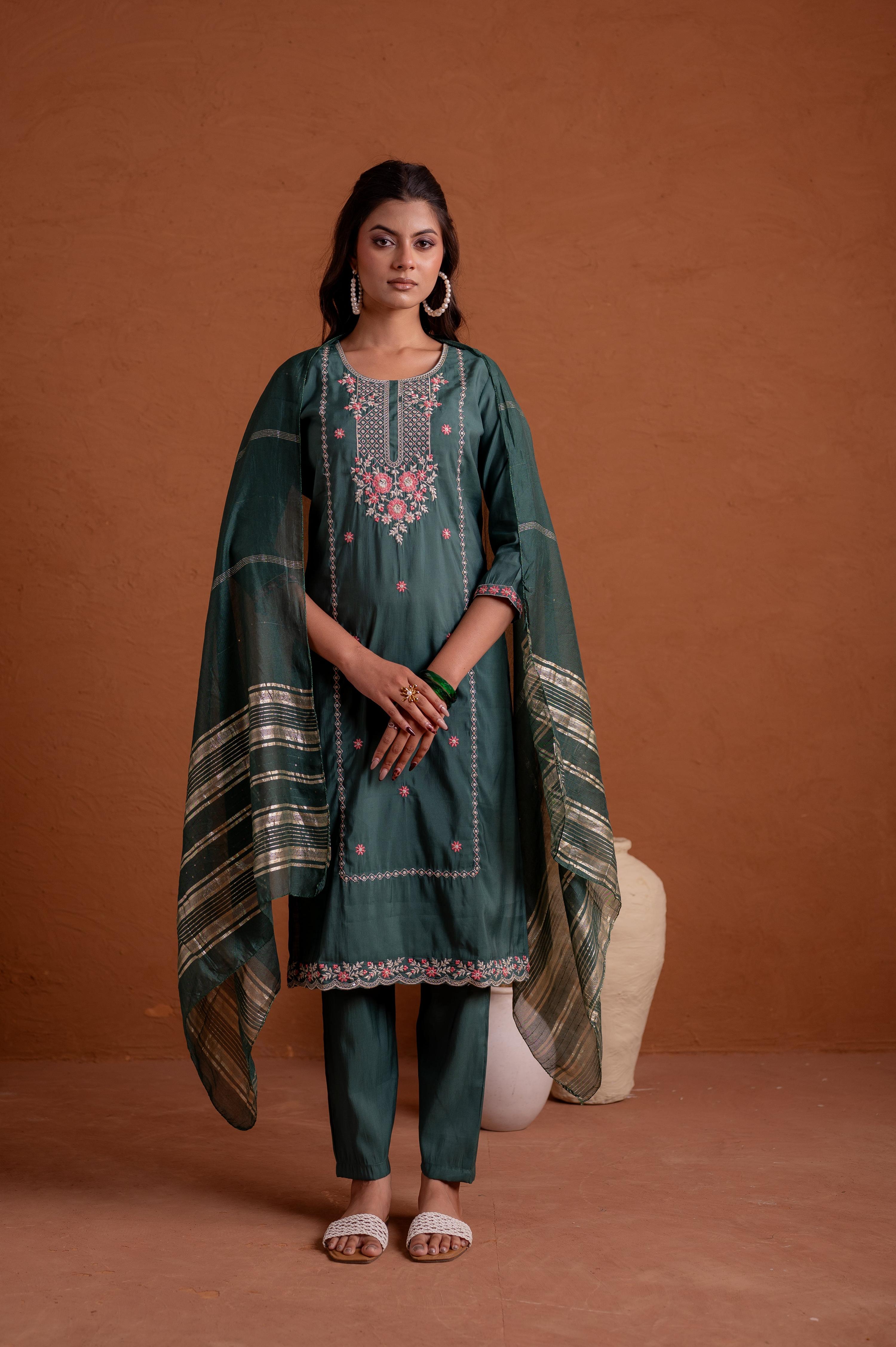 Juniper Green Poly Viscose Straight Kurta Pant And Dupatta Set With Thread & Sequence Work - Distacart