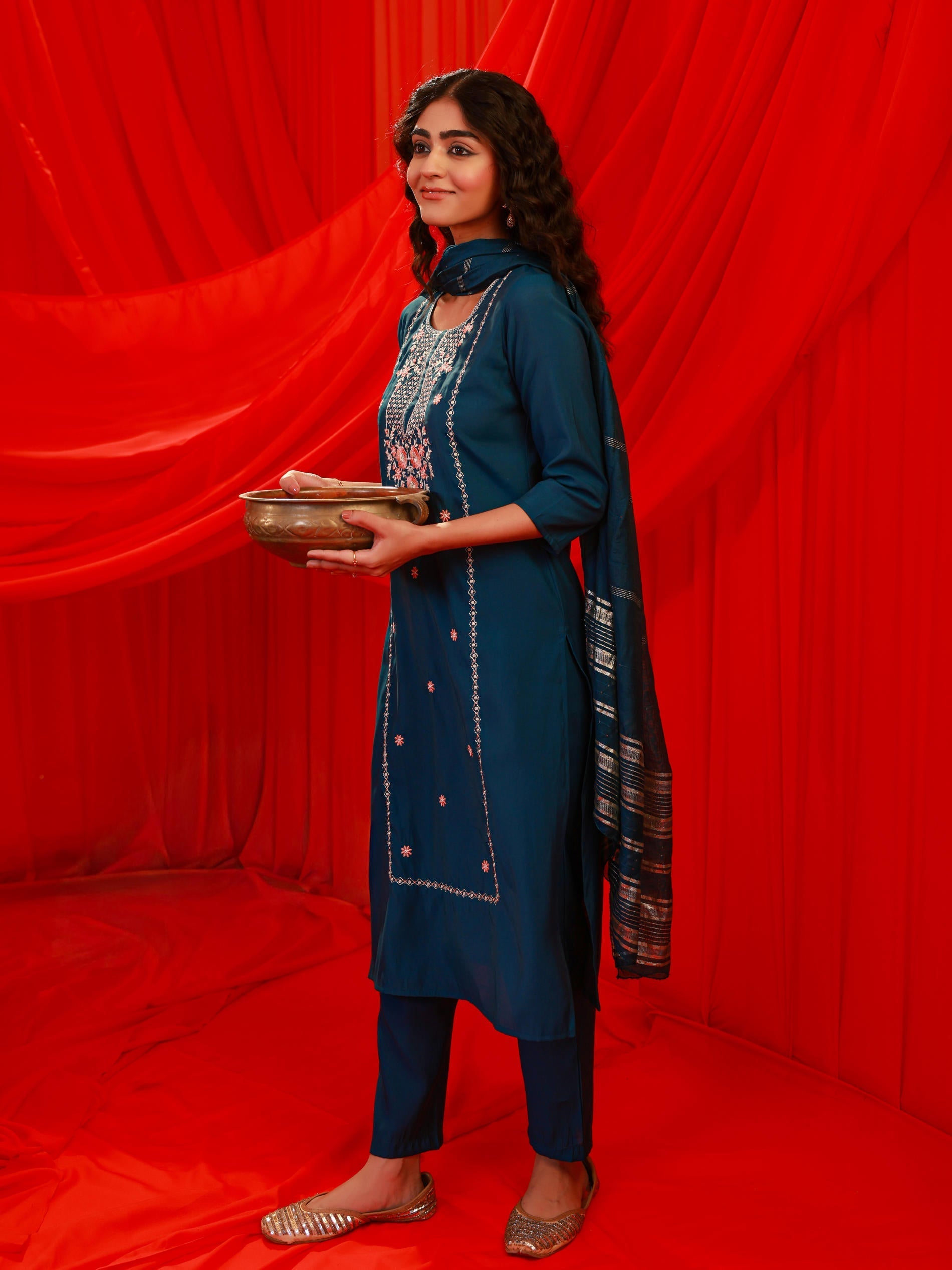 Juniper Indigo Poly Viscose Straight Kurta Pant And Dupatta Set With Thread & Sequence Work - Distacart