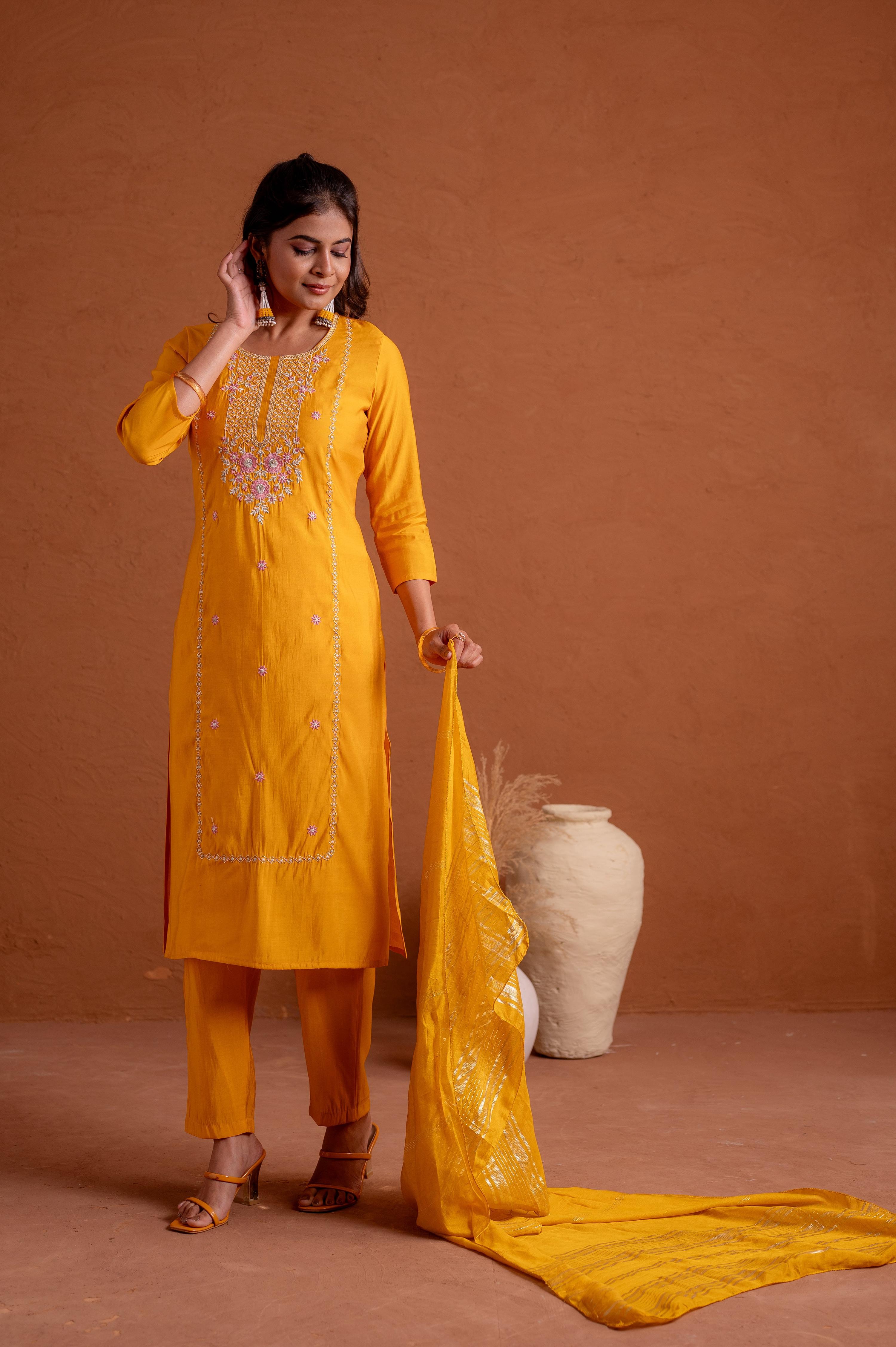 Juniper Mustard Poly Viscose Straight Kurta Pant And Dupatta Set With Thread & Sequence Work - Distacart