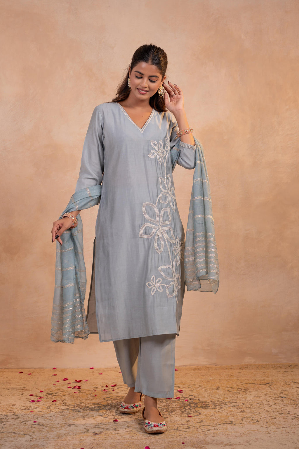Juniper Grey Serenity Embroidered Suit Set - Distacart