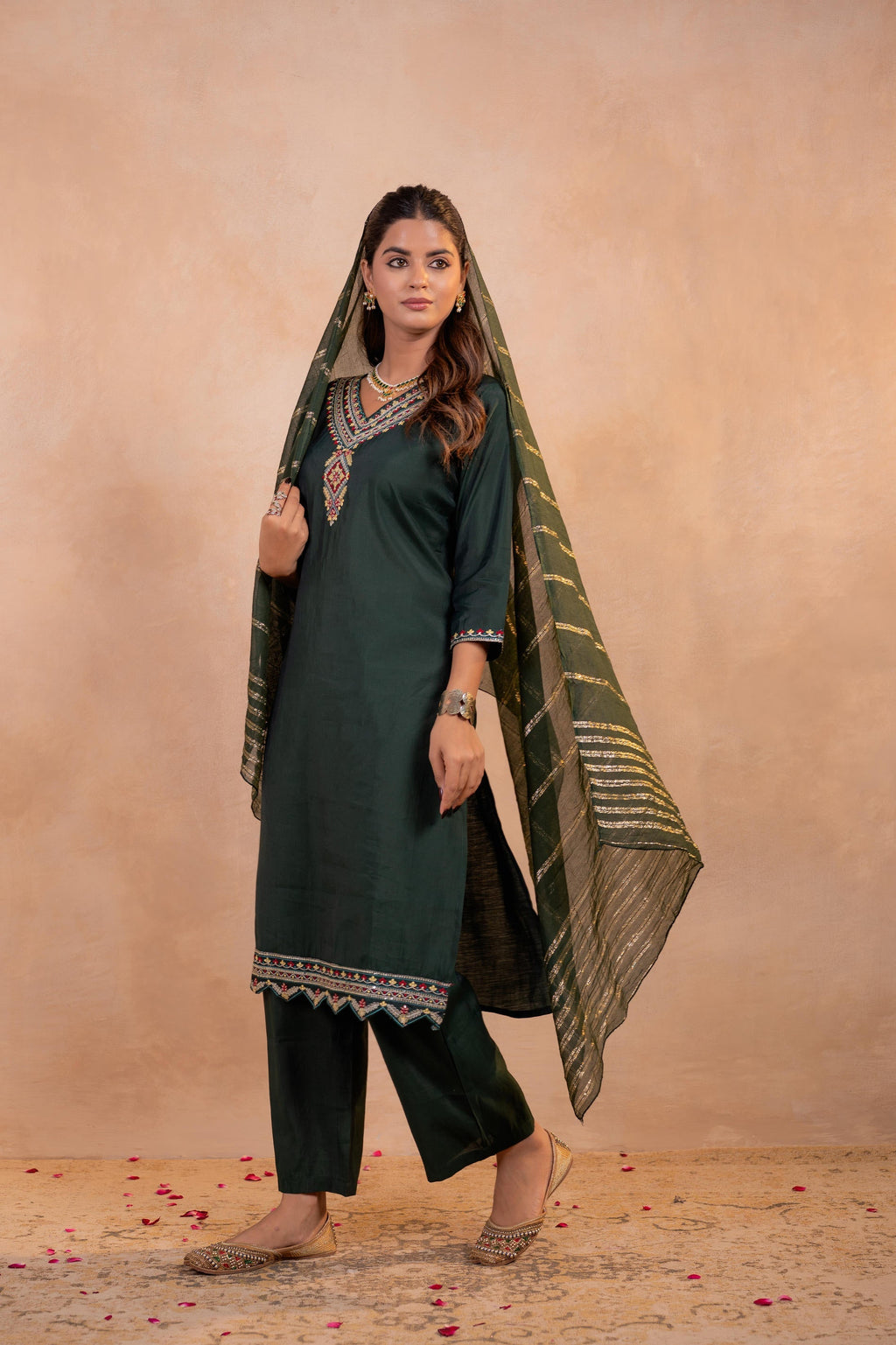 Juniper Bottle Green Serenity Embroidered Suit Set - Distacart