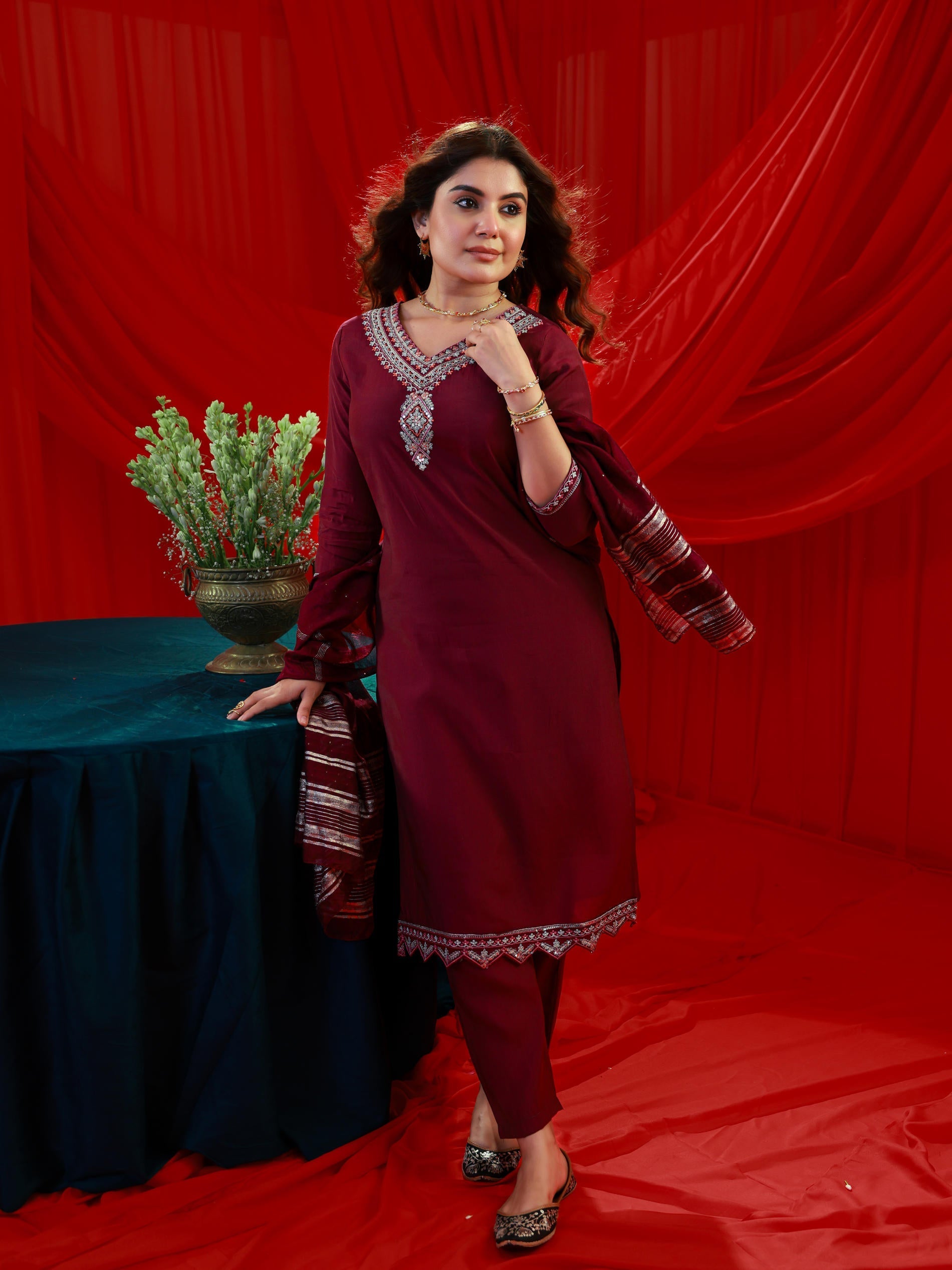 Juniper Maroon Poly Viscose Straight Kurta Pant And Dupatta Set With Zari, Thread & Sequence Work - Distacart