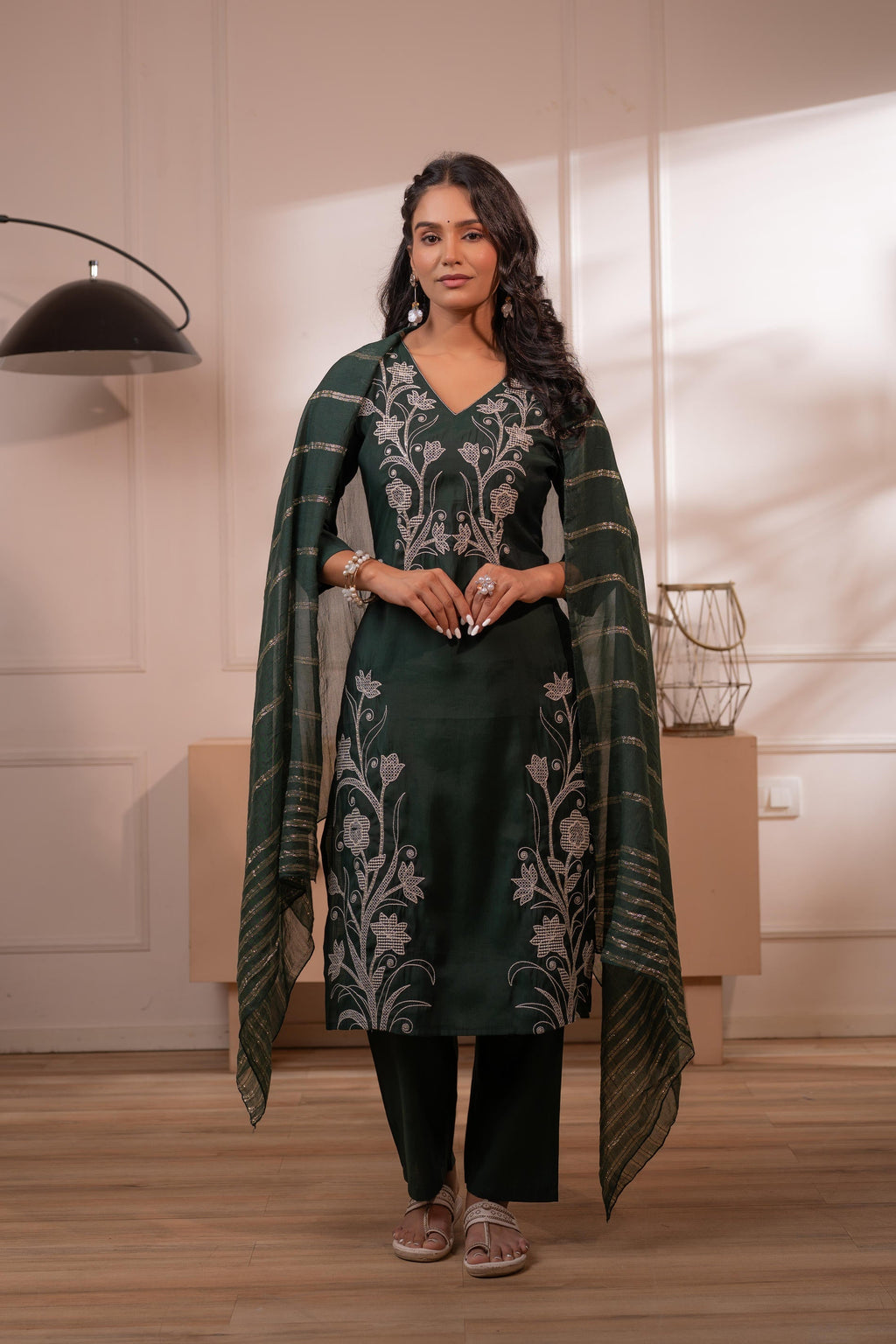 Juniper Mehandi Green Solid Embroidered Straight Kurta Pant And Dupatta Set With Thread Work - Distacart