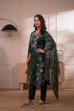 Juniper Mehandi Green Solid Embroidered Straight Kurta Pant And Dupatta Set With Thread Work - Distacart