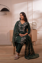 Juniper Mehandi Green Solid Embroidered Straight Kurta Pant And Dupatta Set With Thread Work - Distacart