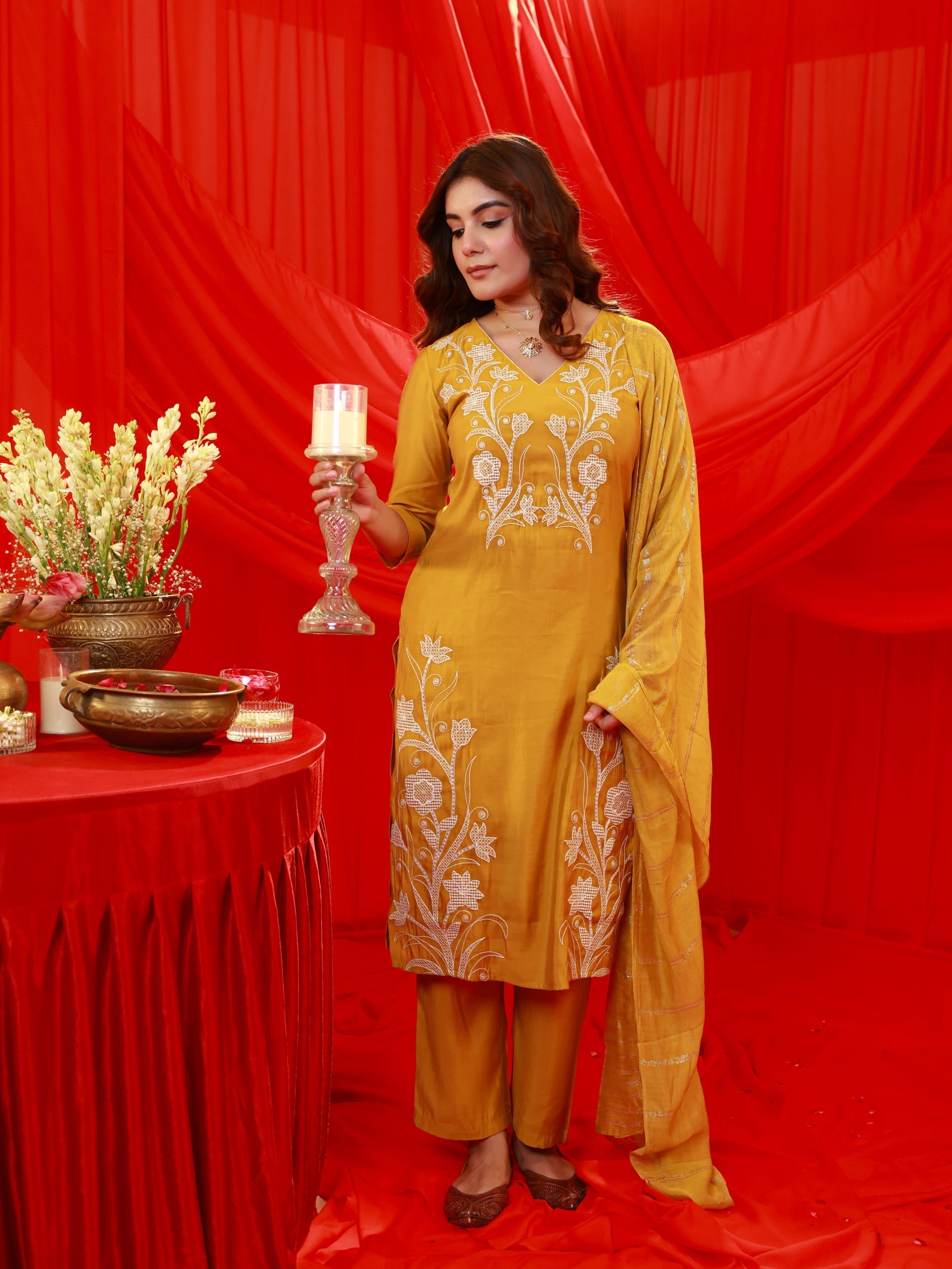 Juniper Mustard Solid Embroidered Straight Kurta Pant And Dupatta Set With Thread Work - Distacart