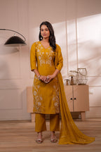 Juniper Mustard Solid Embroidered Straight Kurta Pant And Dupatta Set With Thread Work - Distacart