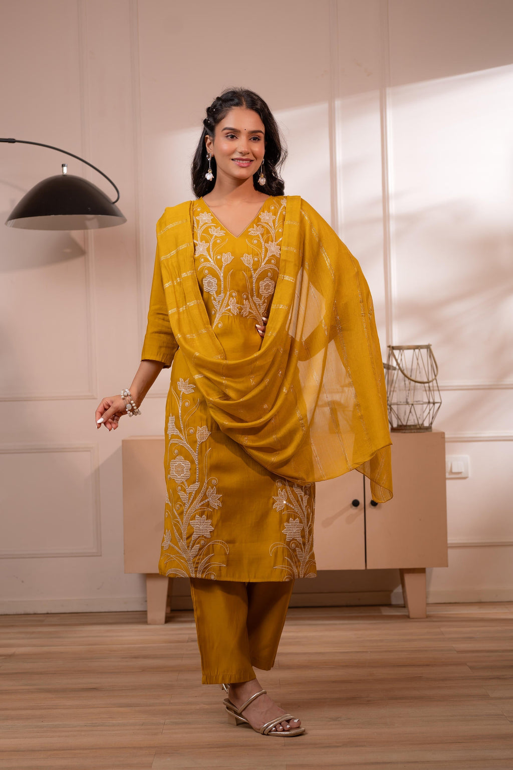 Juniper Mustard Solid Embroidered Straight Kurta Pant And Dupatta Set With Thread Work - Distacart